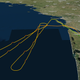 Itinerario típico de un vuelo parabólico de Air Zero G desde Francia. En naranja, las parábolas. Foto: Arcgis